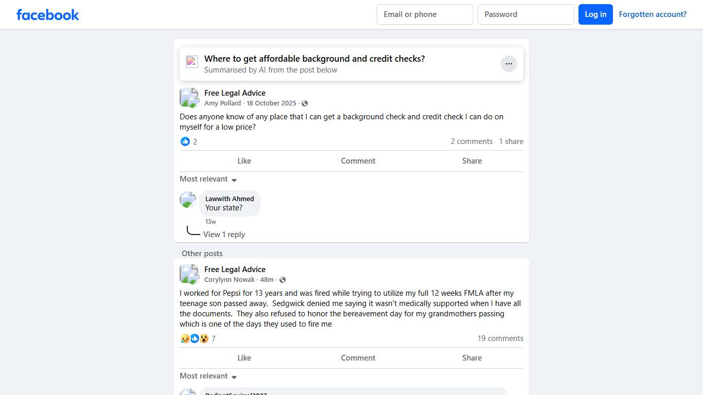 Free Legal Advice | Does anyone know of any place that I can get a background check and credit check I can do on myself for a low price | Facebook